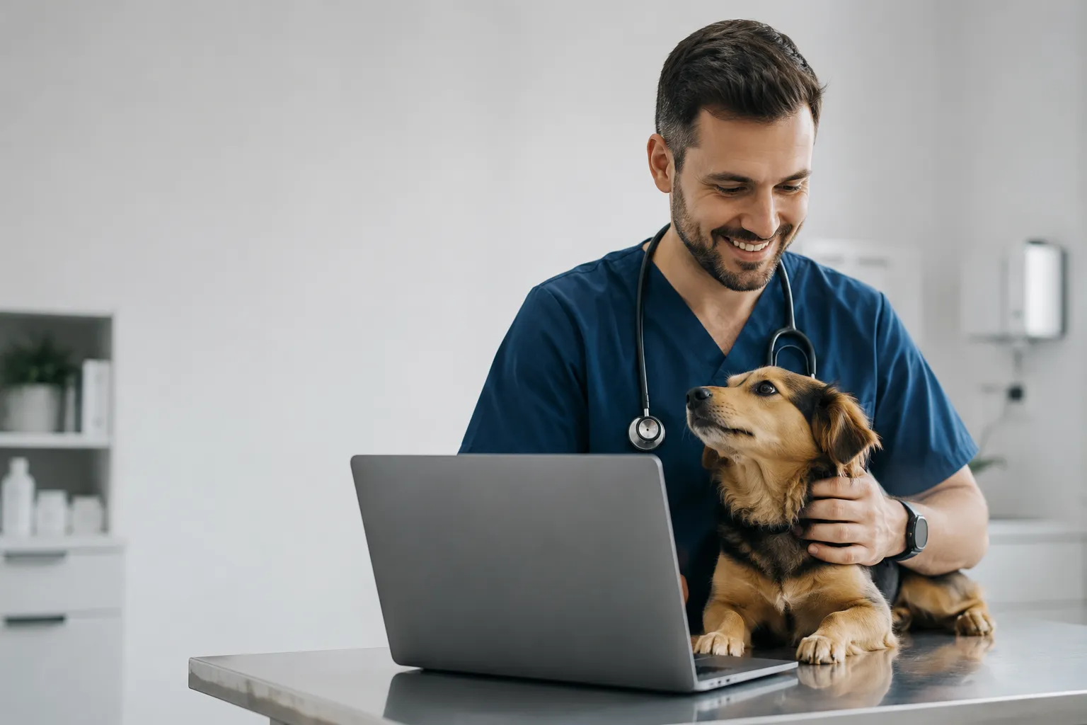 Veterinario sonriendo mientras atiende a un perro y consulta el expediente en SaaslyVet