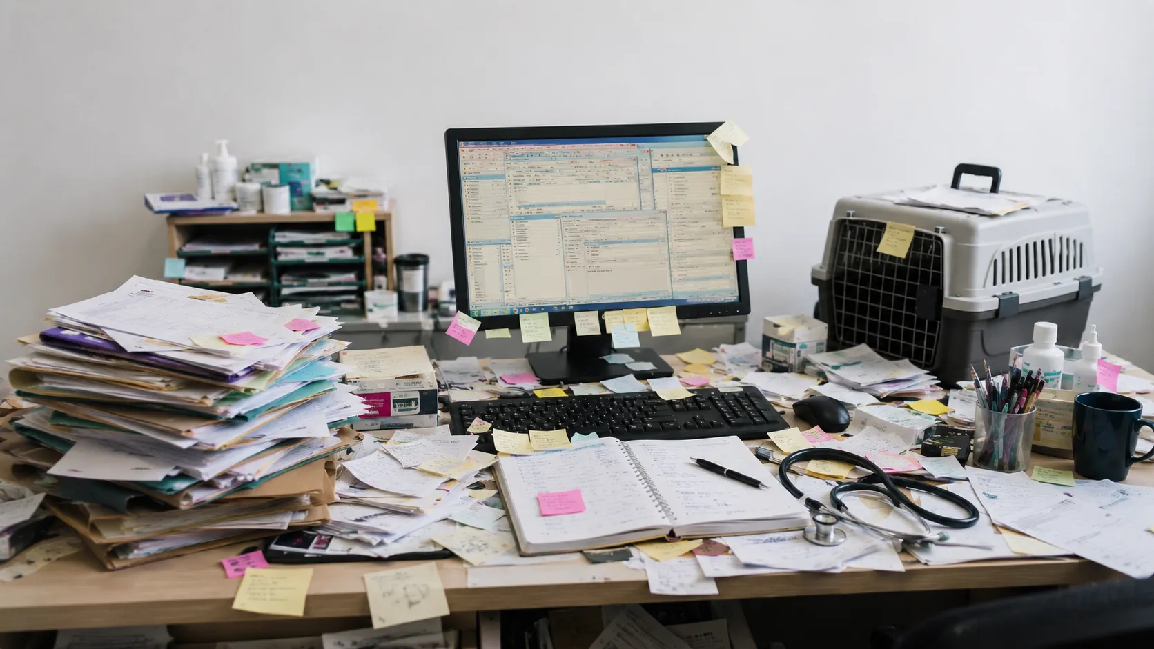 Escritorio de recepción saturado de papeleo y notas sueltas